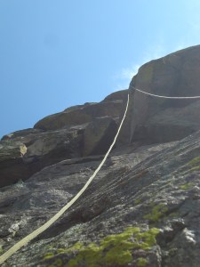 Looking up at the roofs on Dedicated to the Game on the SW shoulder of Devils Tower