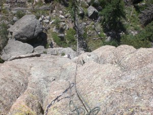 Trying to stay out of the foot-wide crack.